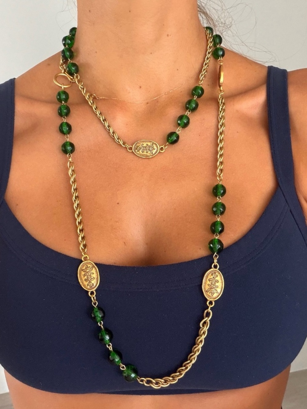 Chanel Green Beaded Pendant Necklace